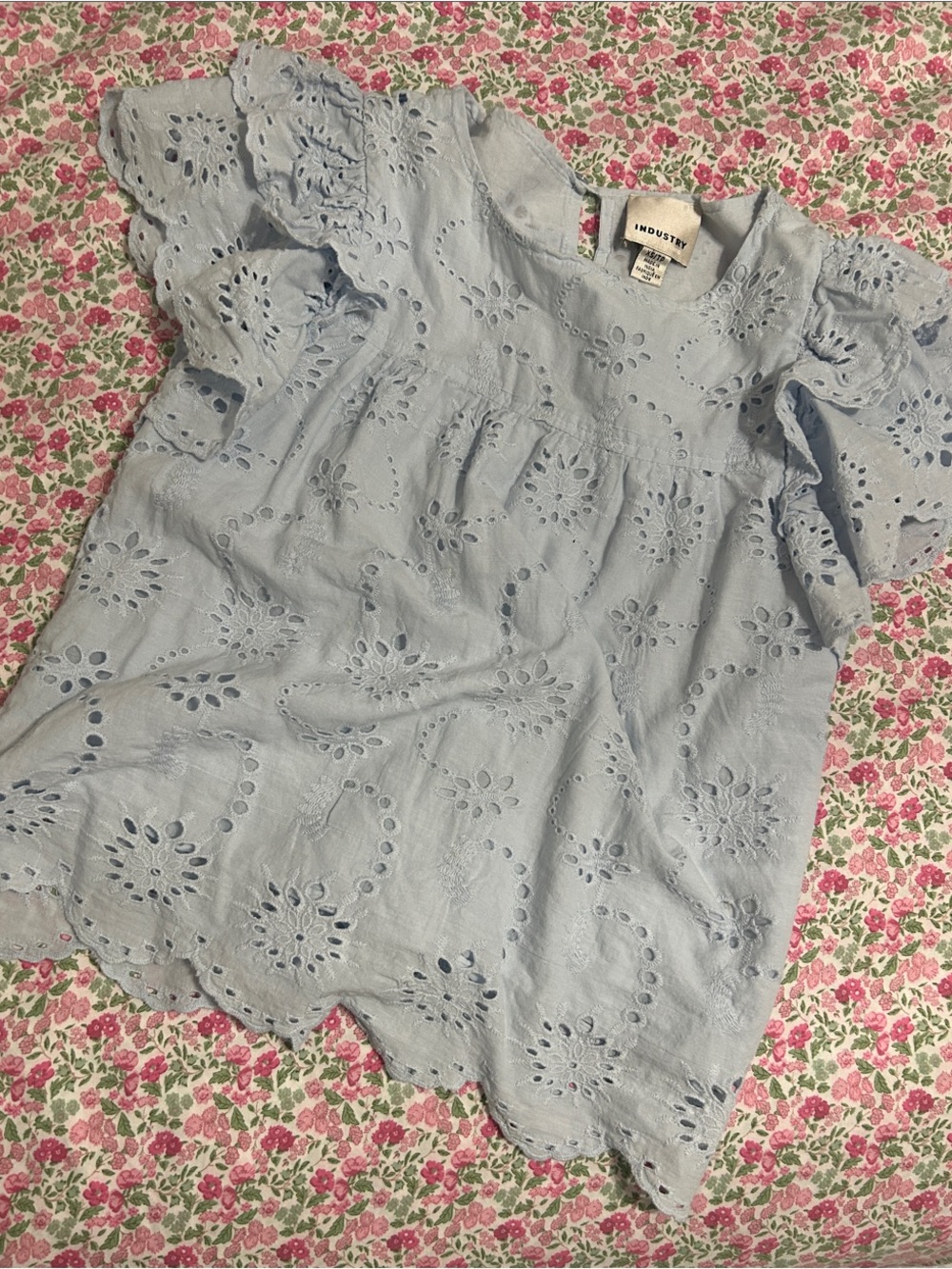 Light Blue Eyelet Ruffle Sleeve Top
